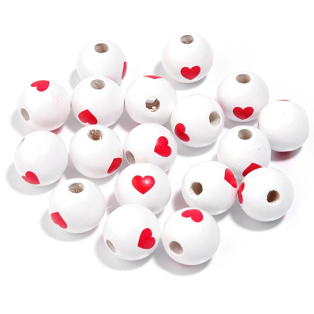 20Pcs 16mm Natural Wood Beads Colorful Stripe Heart  Printing Large Hole Round Beads DIY Craft Bracelet Kid's Toy  Accessories