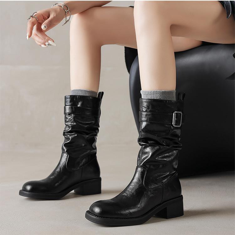 2025 Autumn/Winter Round Toe Thick Heel Pleated Pile Boots