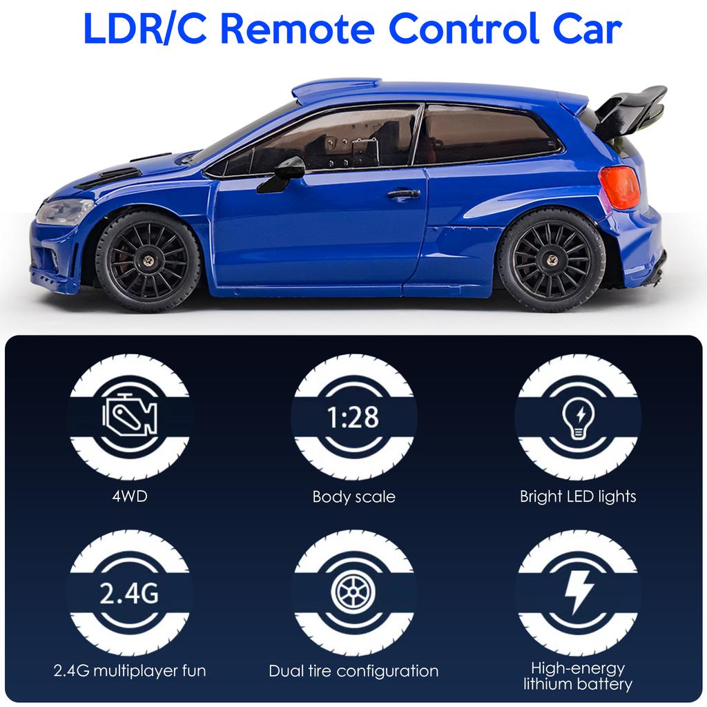 Машинка на радиоуправлении, игрушечная машинка 1/28 2,4 ГГц, полноприводная, со светодиодными фарами, 3 батарейки, шины для дрифта, электрическая
