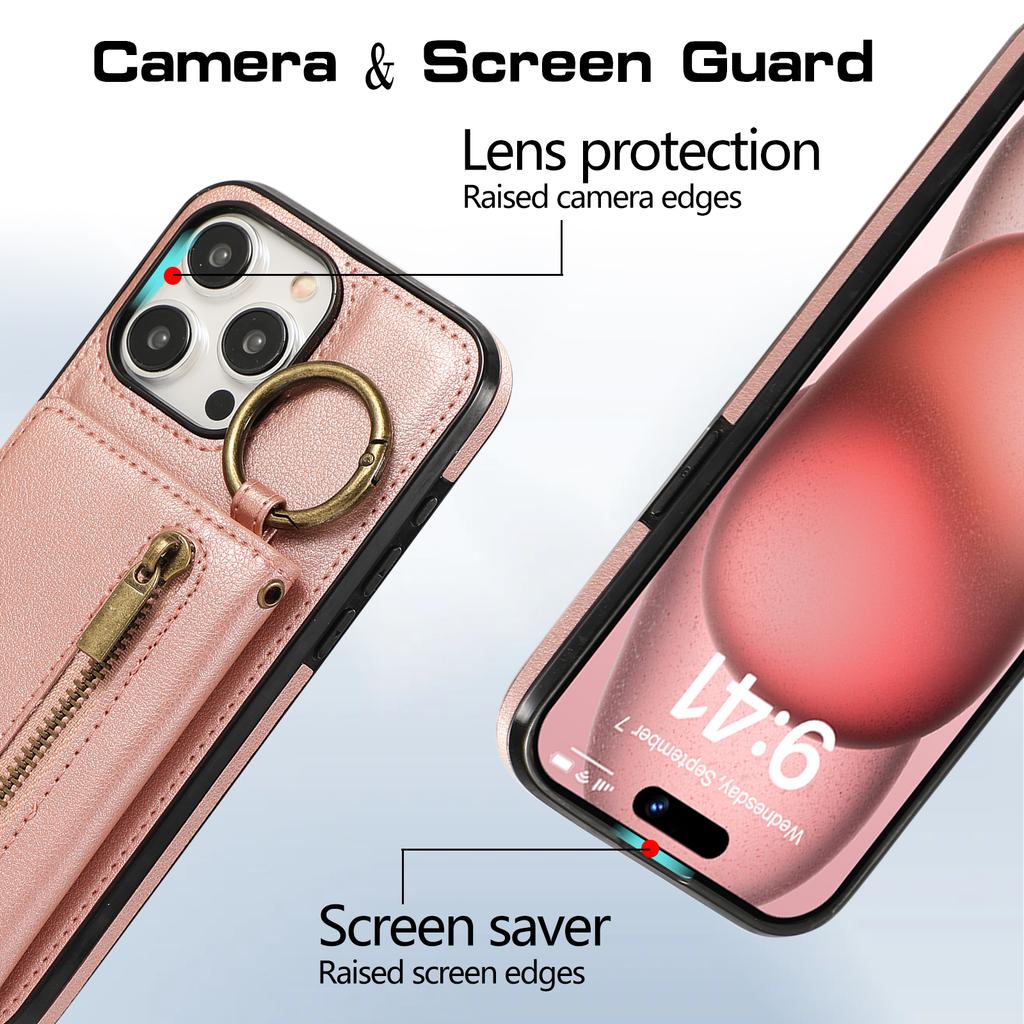 Crossbody Wallet Ring Zipper Leather Case for iPhone 16 15 14 13 12 11 Pro Max XS MAX Samsung S25 S24 S23 S22 S21 Ultra Plus FE A16 A56 A15 A55 A54