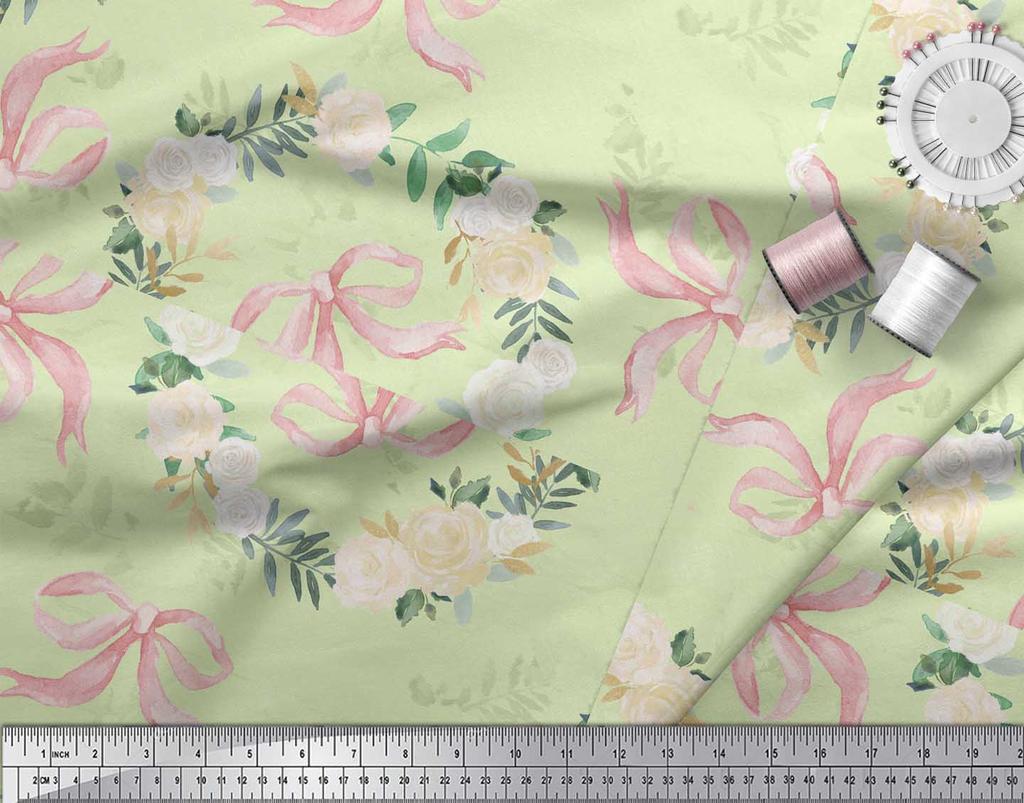 Soimoi Зеленая лента из креповой ткани и венок из белой розы Цветочные принты на ткани по метрам 42 дюйма