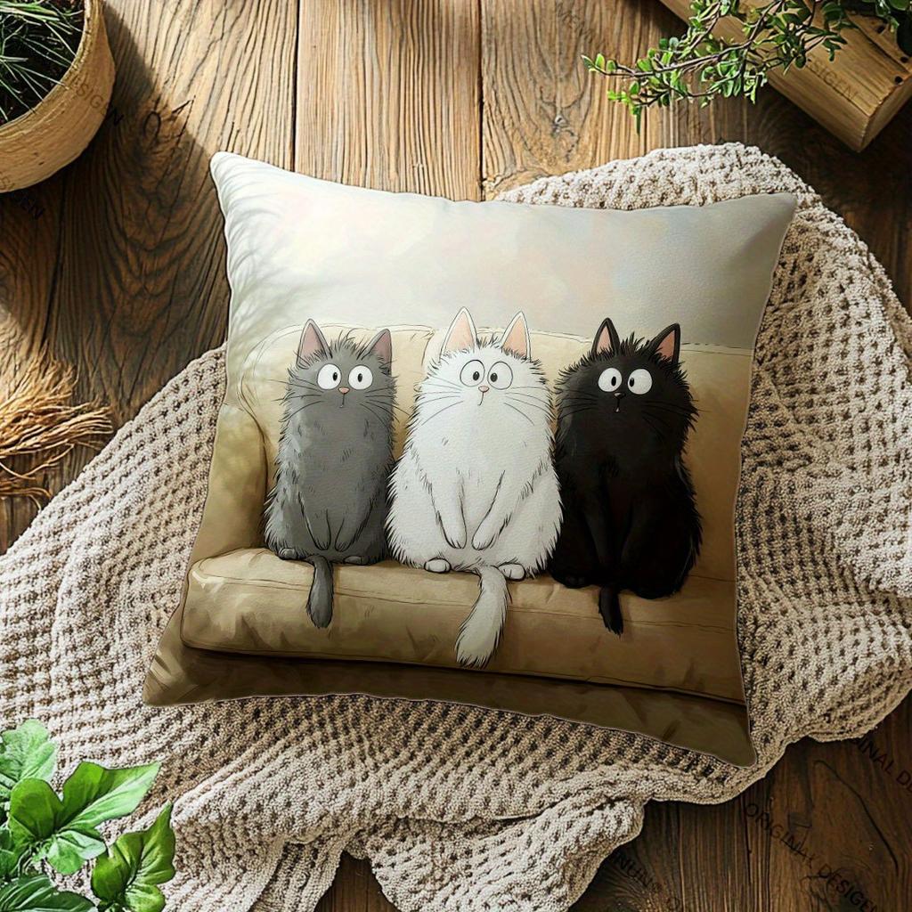 Cute Fluffy Cats Pillow Cover Cartoon Kitten Trio Print Whimsical Pet Cushion Case For Sofa Bed Couch Cozy Home Decor