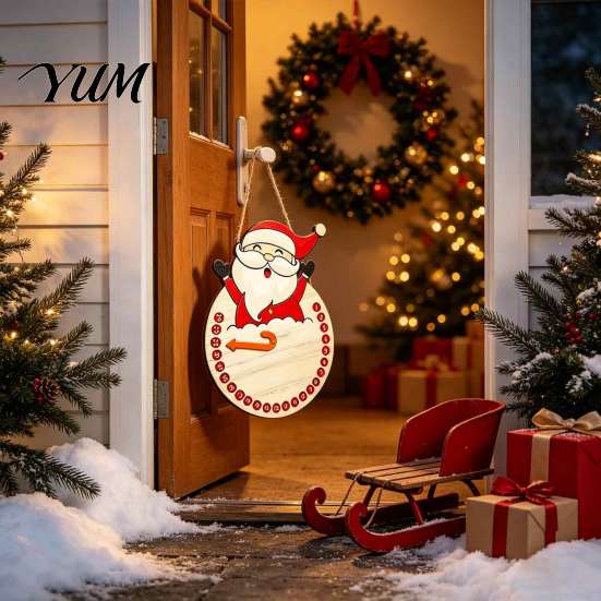 Santa Claus Hanging Ornament Christmas Countdown Calendar, Reusable Days Until Door Sign, Cute Cartoon Decor Vintage Round Wreath Hanger for