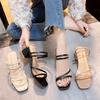 Summer Women's Sandals Ladies Square Heels Elegant Slippers Outside Cross Tied Leather Female Slides Woman Sandals
