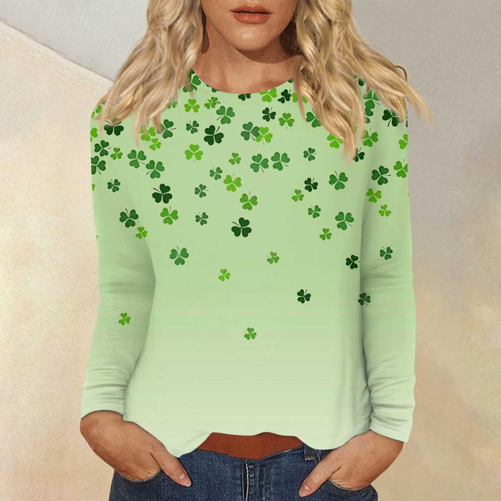 Женская повседневная повседневная рубашка с длинным рукавом. Топ с круглым вырезом и принтом ко Дню Святого Патрика