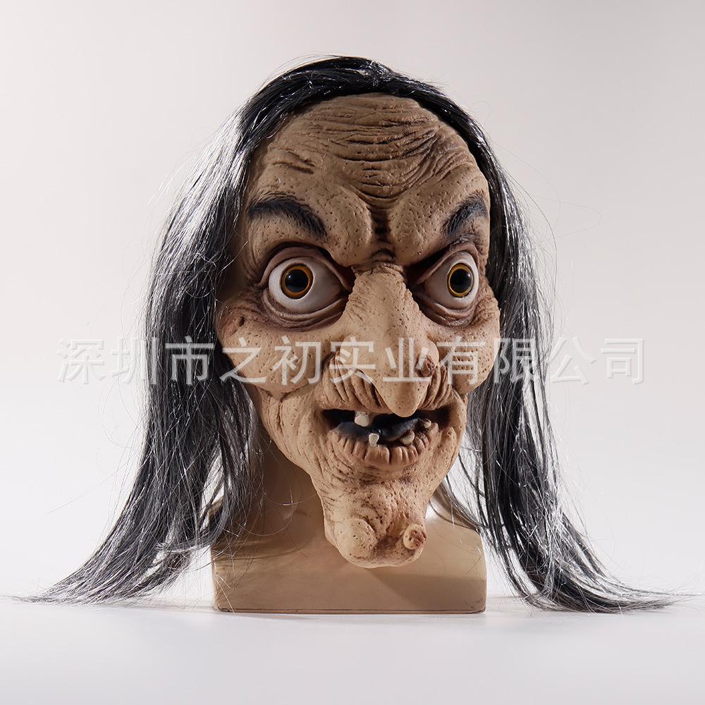 Halloween Horror Witch Old Lady Long Hair Granny Latex Mask Headgear Funny Costume Props