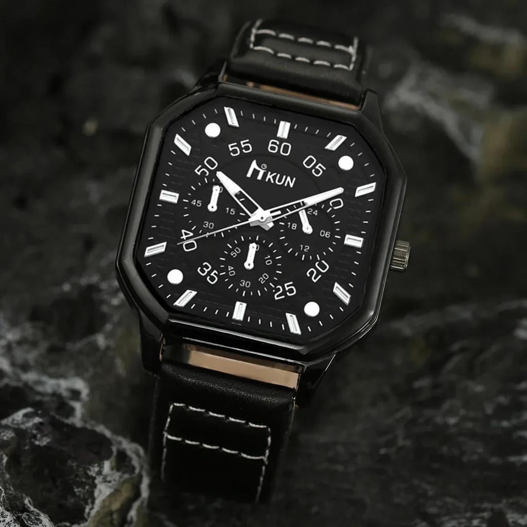 5/1pcs/Set Men Quartz Watches Bracelets Casual PU Leather Strap Cool Black Watch Big Dial Square Sports Watch Relógios Masculino