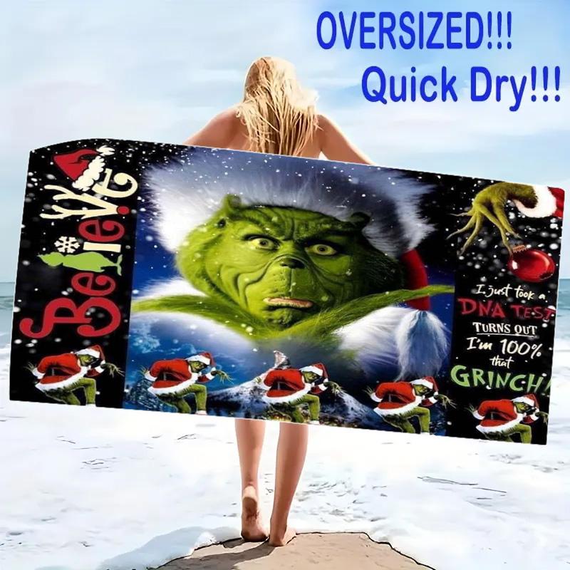 Christmas Green Monster Print Beach Towel, Large Soft Quick Dry Towel for Beach Camping Swimming