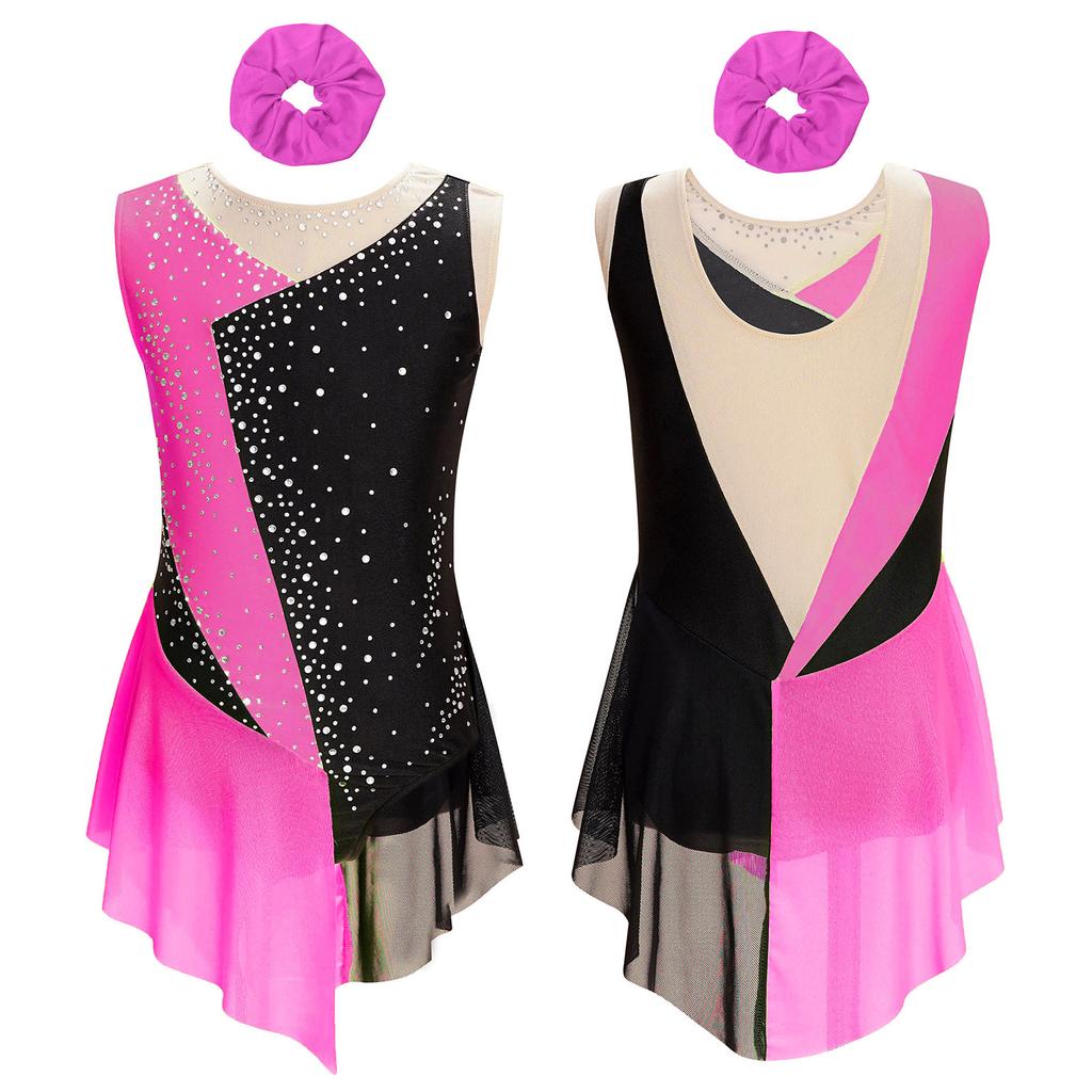 Костюм для девочек по фигурному катанию, блестящий купальник со стразами и цветными блоками, прозрачная сетка, пэчворк, художественная гимнастика, танцевальная одежда