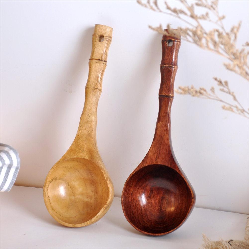 Large Wooden Soup Scoops, Bamboo Handle Cooking Scoop, Japanese Style, Durable Spoon, Bath Water Ladle, Tableware, Kitchen Tools