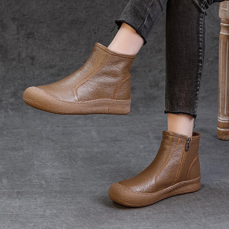 Женские кожаные полусапоги из коровьей кожи первого слоя на плоской подошве, удобные, с боковой молнией, с круглым носком, новые, с короткой шерстью, теплые