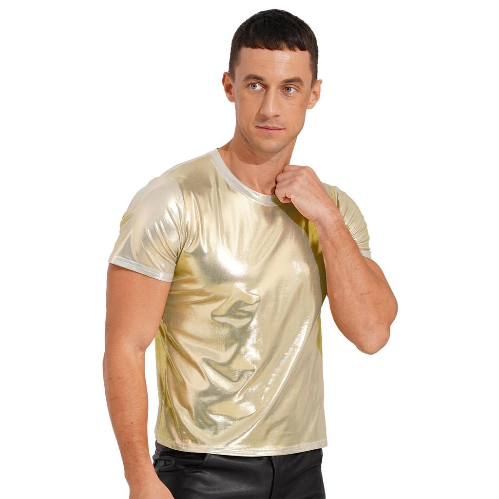 Мужская футболка с коротким рукавом и круглым вырезом, однотонные блестящие металлические топы для танцевальной вечеринки на отдыхе