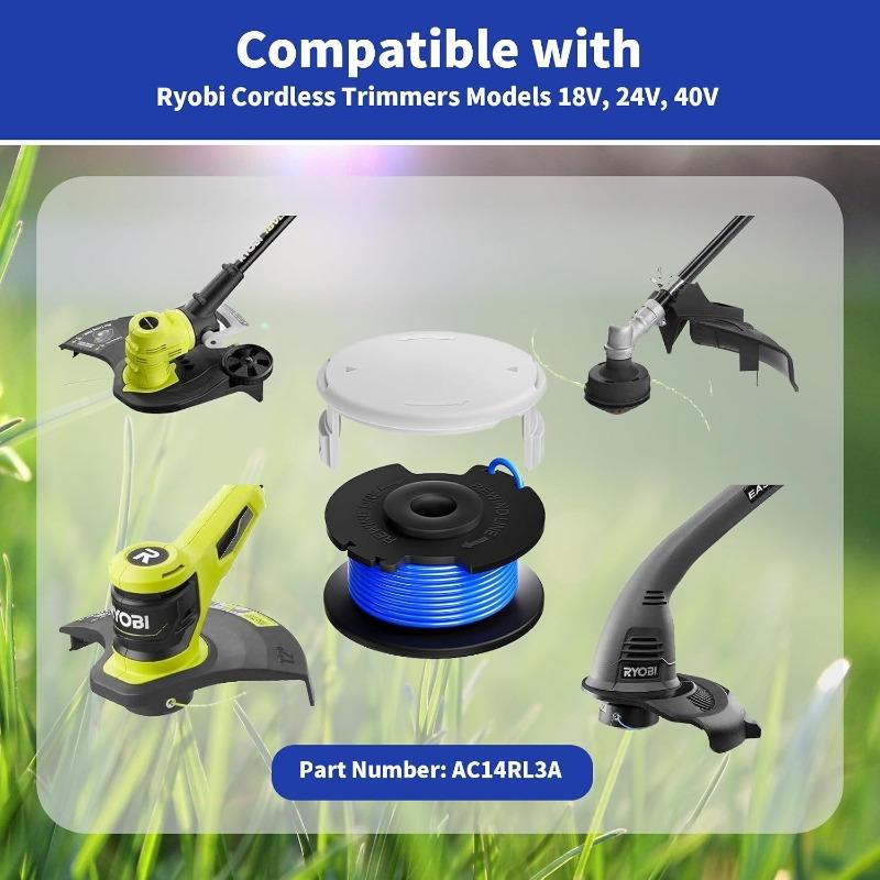 Weed Wacker String Replacement for Ryobi 18v, 24v, and 40v Cordless Trimmers, Durable Weed String Trimmer Line, Part # AC14RL3A, 8 Spool Line + 1 Cap