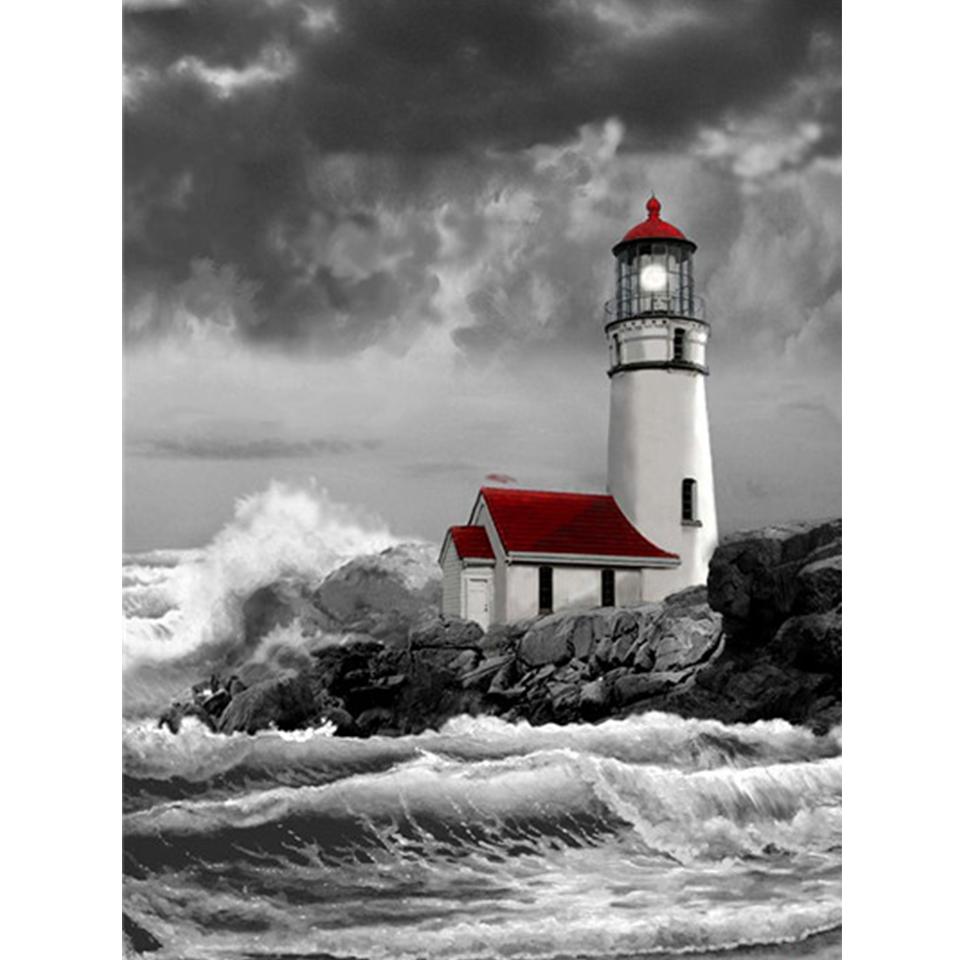 5D DIY Diamond Painting Landscape Rhinestone Cross Stitch Kit Diamond Embroidery Coastal Lighthouse Mosaic Picture Decoration