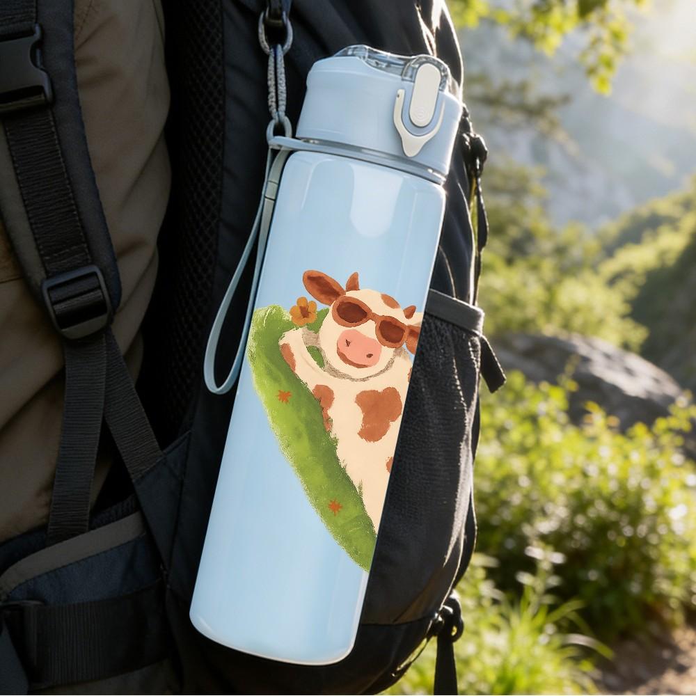 1PC Lying Spotted Cow Cartoon 750ml Color Plastic Sports Water Bottle Leakproof Flip Straw Lid Suitable for Sports Office Home Use