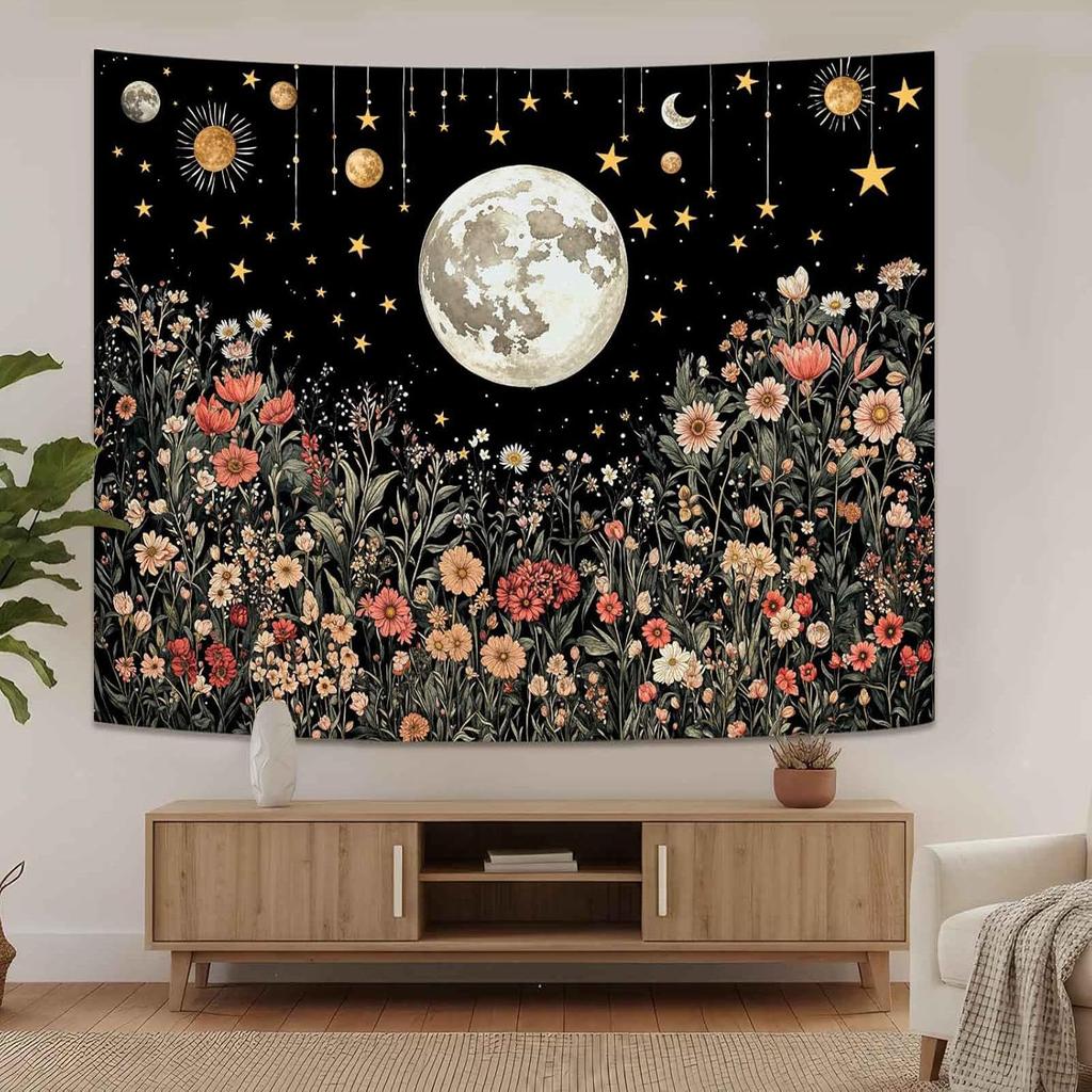 Enchanted Floral Night Sky Tapestry - Celestial Moon and Stars Wall Hanging for Bedroom and Living Room - Boho Nature Decor