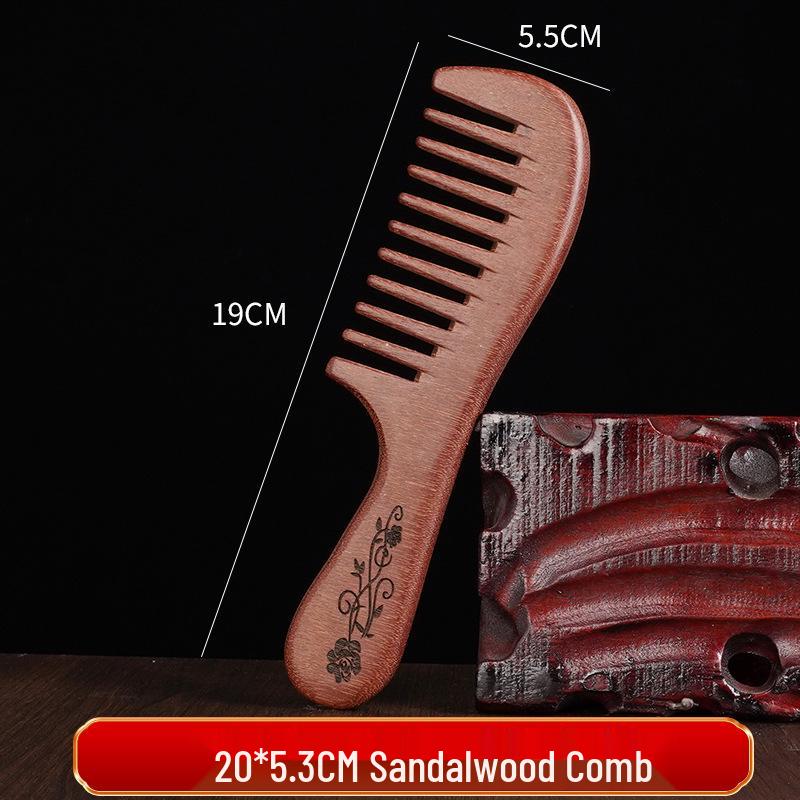 Engraved Sandalwood Long Handle Wide Tooth Scalp Comb
