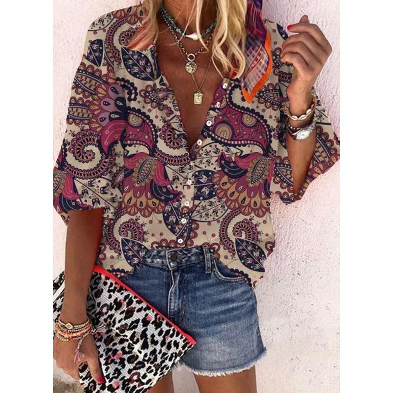 Летняя мода Стойка воротник Свободный крой На пуговицах Ретро принт Повседневные Рукава семь восьмых Женские блузки и рубашки