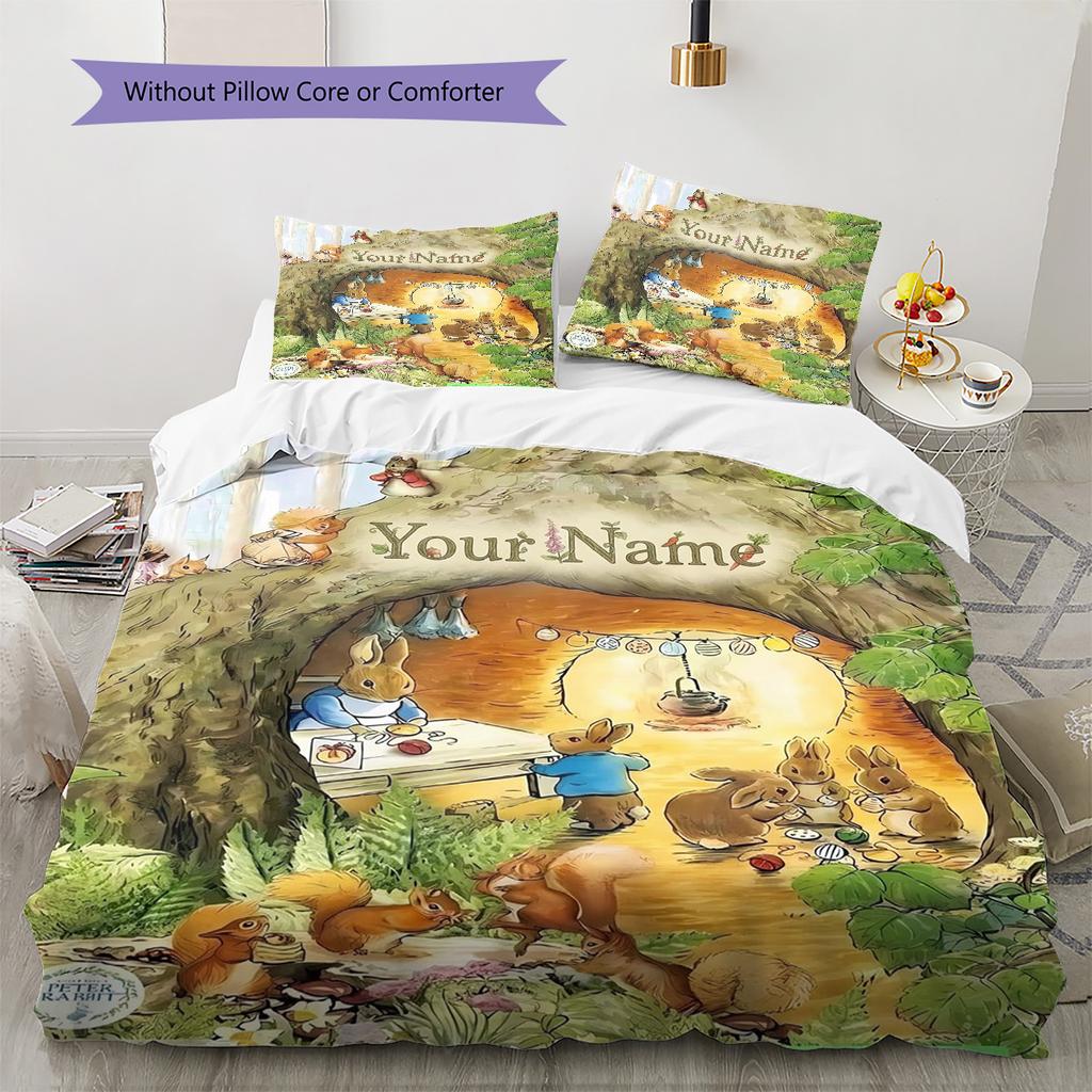 Peter Rabbit Adventure Custom Name Pattern Bedding Quilt Set Quilt Cover Pillowcase Home Birthday Gift(1 * duvet cover + 2 * pillowcase, without core)