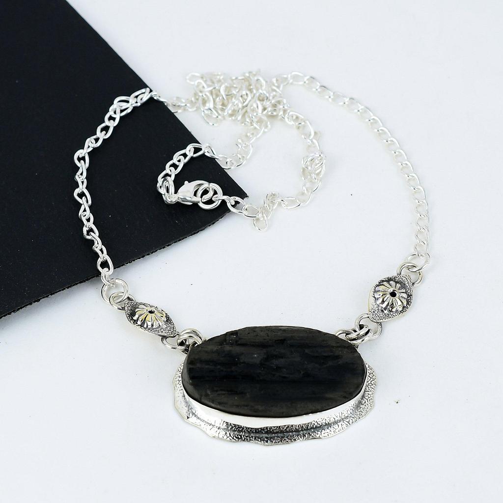 Natural Black Tourmaline Gemstone Handmade 925 Sterling Silver Electroform Necklace, Black Tourmaline Silver For Wife Unisex Pendant Party Wear Gifts