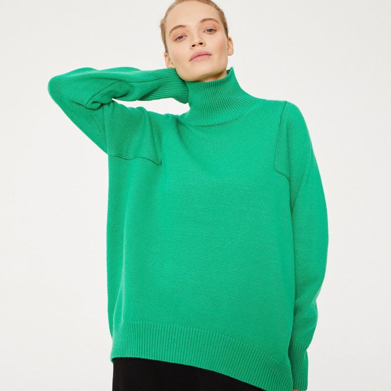 Новый свитер, женский свободный вязаный пуловер с высоким воротником и длинными рукавами, теплый свитер