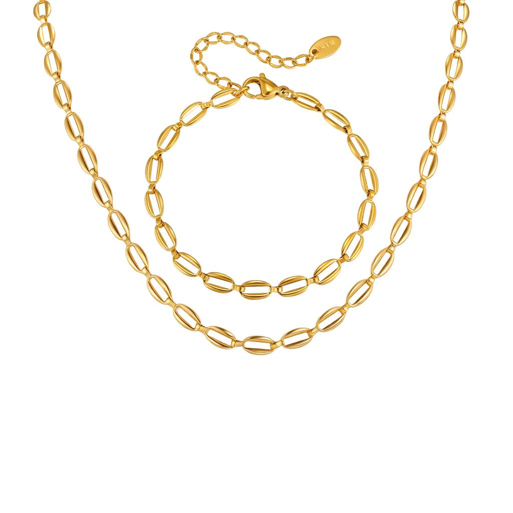 18K Gold Plated Hollow Oval Link Chain Stainless Steel Bracelets for Women, Minimalist Waterproof Elegant Jewelry Set Gifts