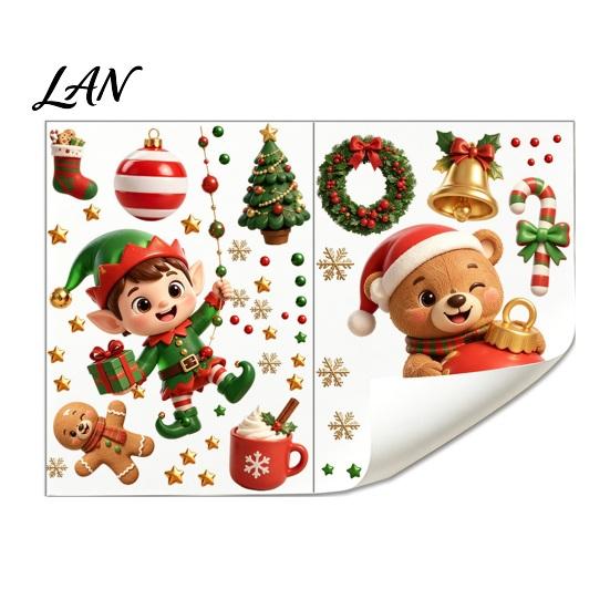Christmas Theme Glass Clings 2PCS Window Static Sticker, Cute Cartoon Elves And Bears Winter Holiday Decorations Print, PVC Stickers for Home