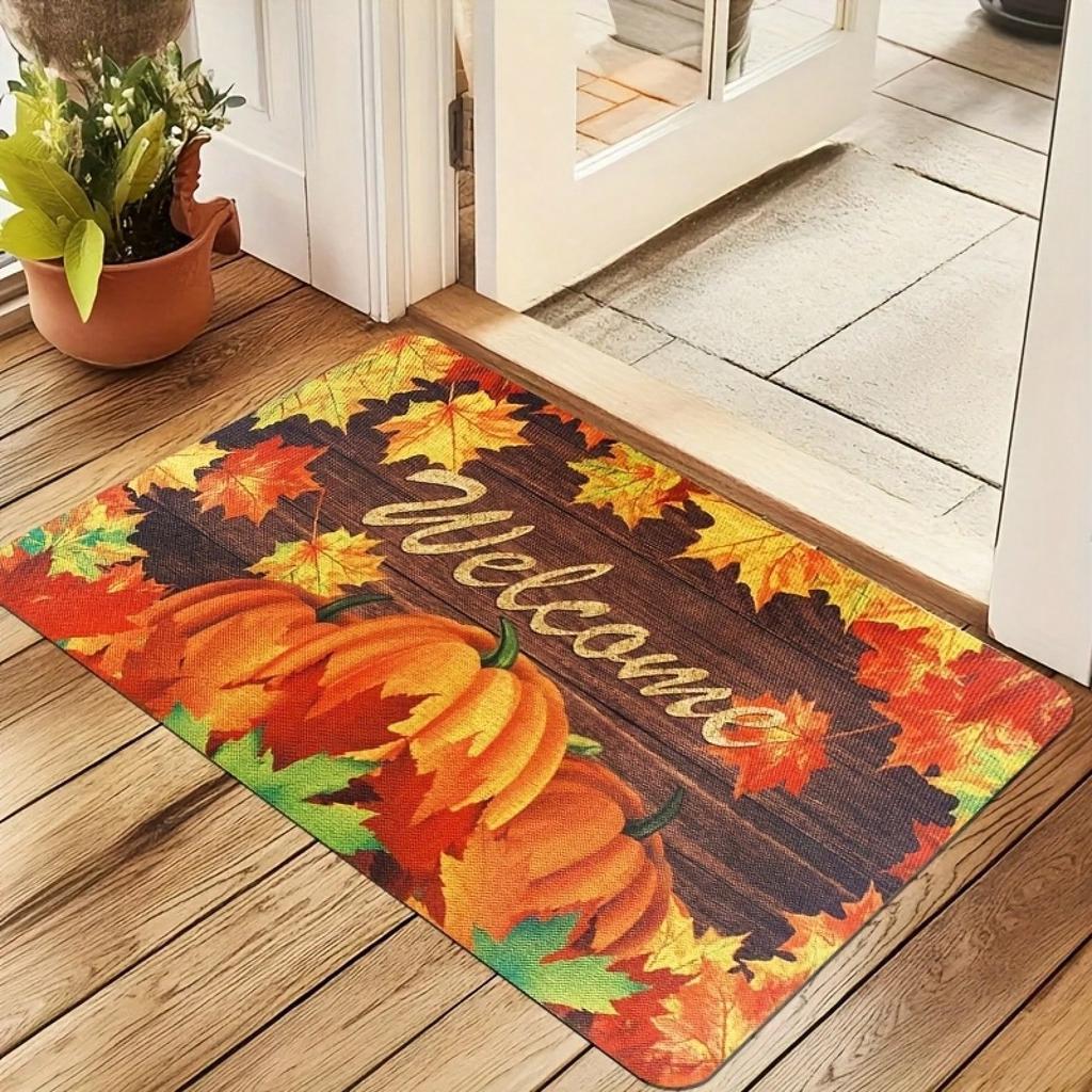 1pc Thanksgiving Fall Maple Pumpkin Theme Rectangular Welcome Door Mat, Non-Slip Washable Polyester Door Mat, Flannel Material Soft, Comfortable And E
