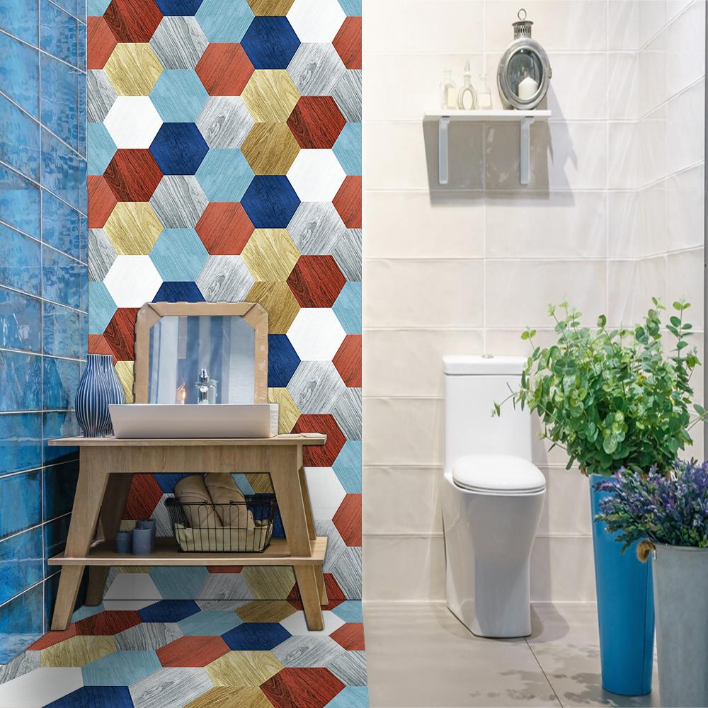 10pcs Birmingham Wood Grain Hexagon Tiles Floor Stickers Kitchen Bathroom TV Sofa Wall Home Decor Peel and Stick Art Wall Decals