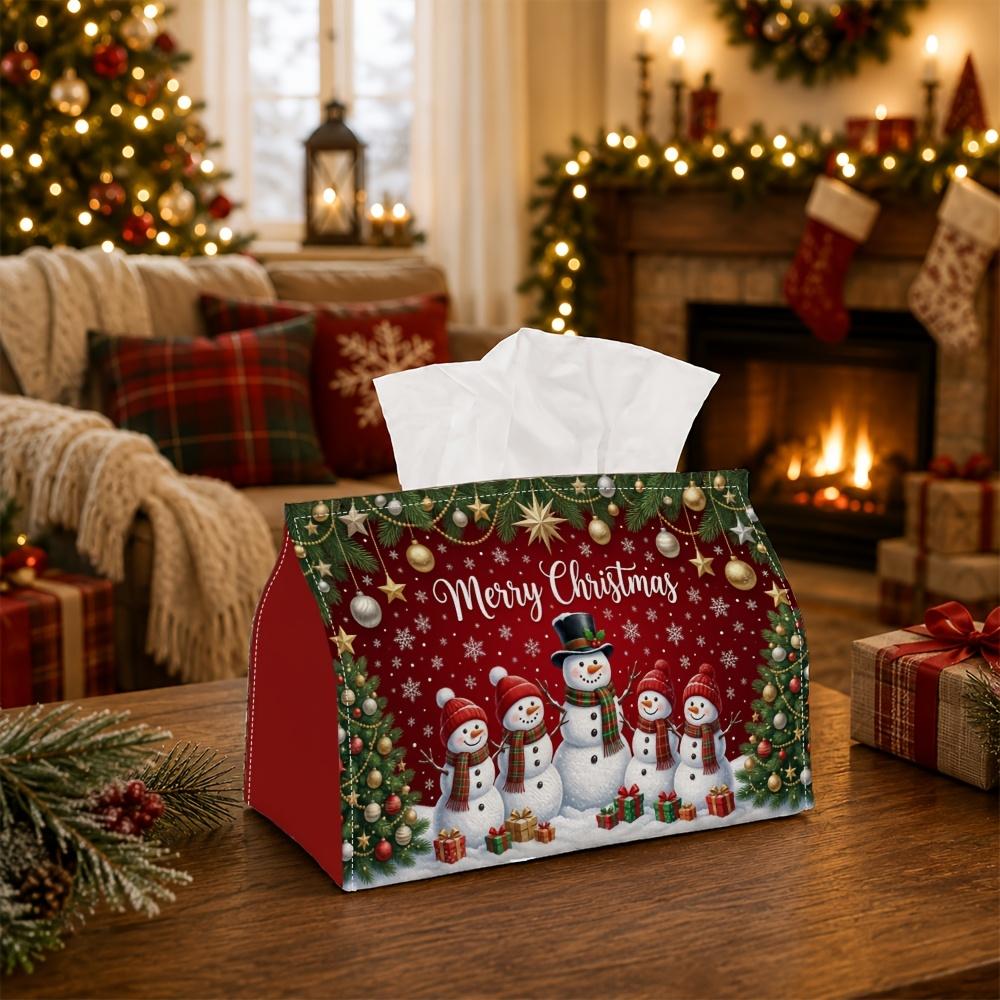 1pc Cozy Wonderland Tissue Box - Xmas Napkin Dispenser, Made of Durable Polyester, Decorated with Snowman Group Pine Tree, Suitable for Living Room, W