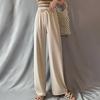 Women Casual Pants Elastic Drawstring High Waist Wide Leg Long Trousers Solid Color