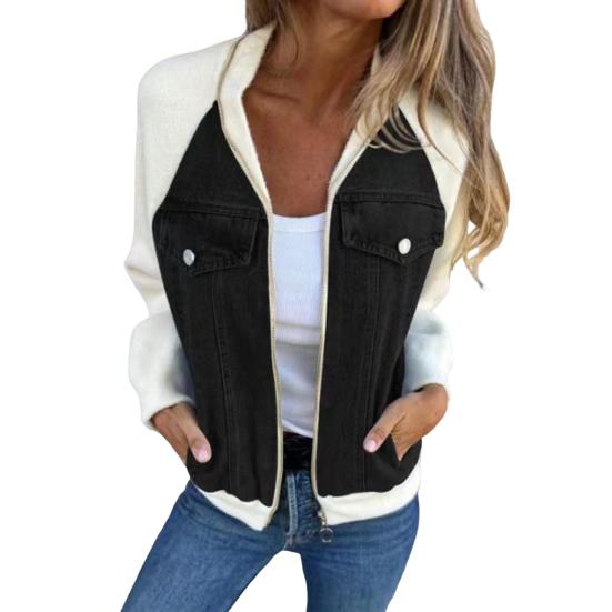 Fall Winter Women Jacket Color Matching Zip-up Pockets Cardigan Long Sleeves Patchwork Raglan Shoulder Turn-down Collar Casual Daily Wear Coat