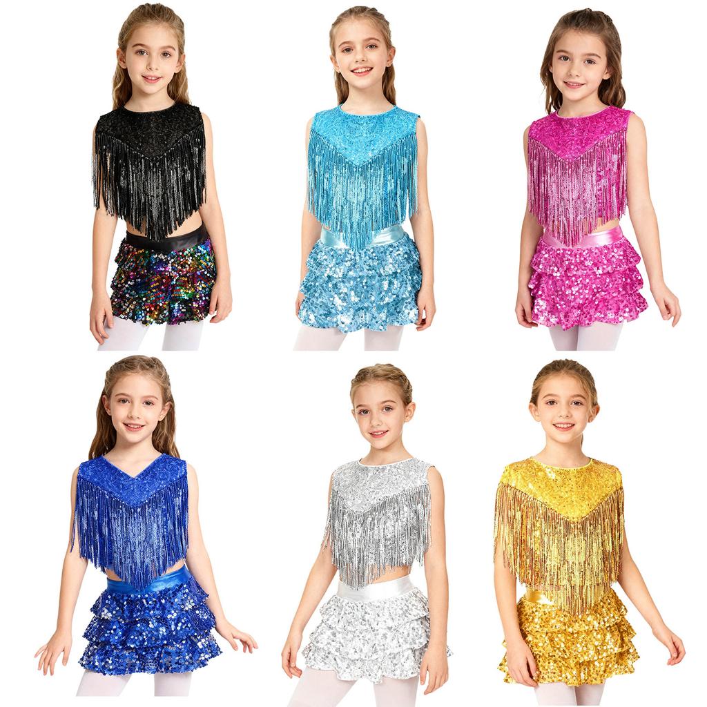 Complete 70s Disco Costume Set for Kids Girls: Shiny Metallic Top with Chest Tassels & Tiered Ruffle Shorts, 2-Piece Outfit