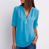 Shirt V-neck Zipper Plus Size Women's Long Sleeved Loose Chiffon Shirt with Adjustable Sleeves