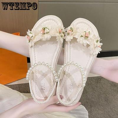Сандалии с цветочным узором, женские летние универсальные римские туфли в Корейском стиле с толстой подошвой и плоской подошвой