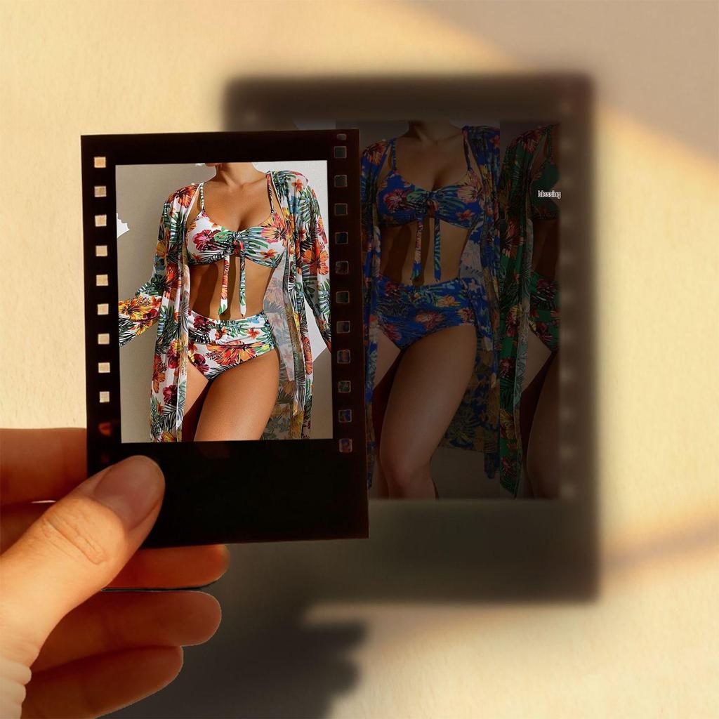 Женский Бикини-Комплект с Длинным Рукавом, Накидкой и Шортами с Высокой Талией