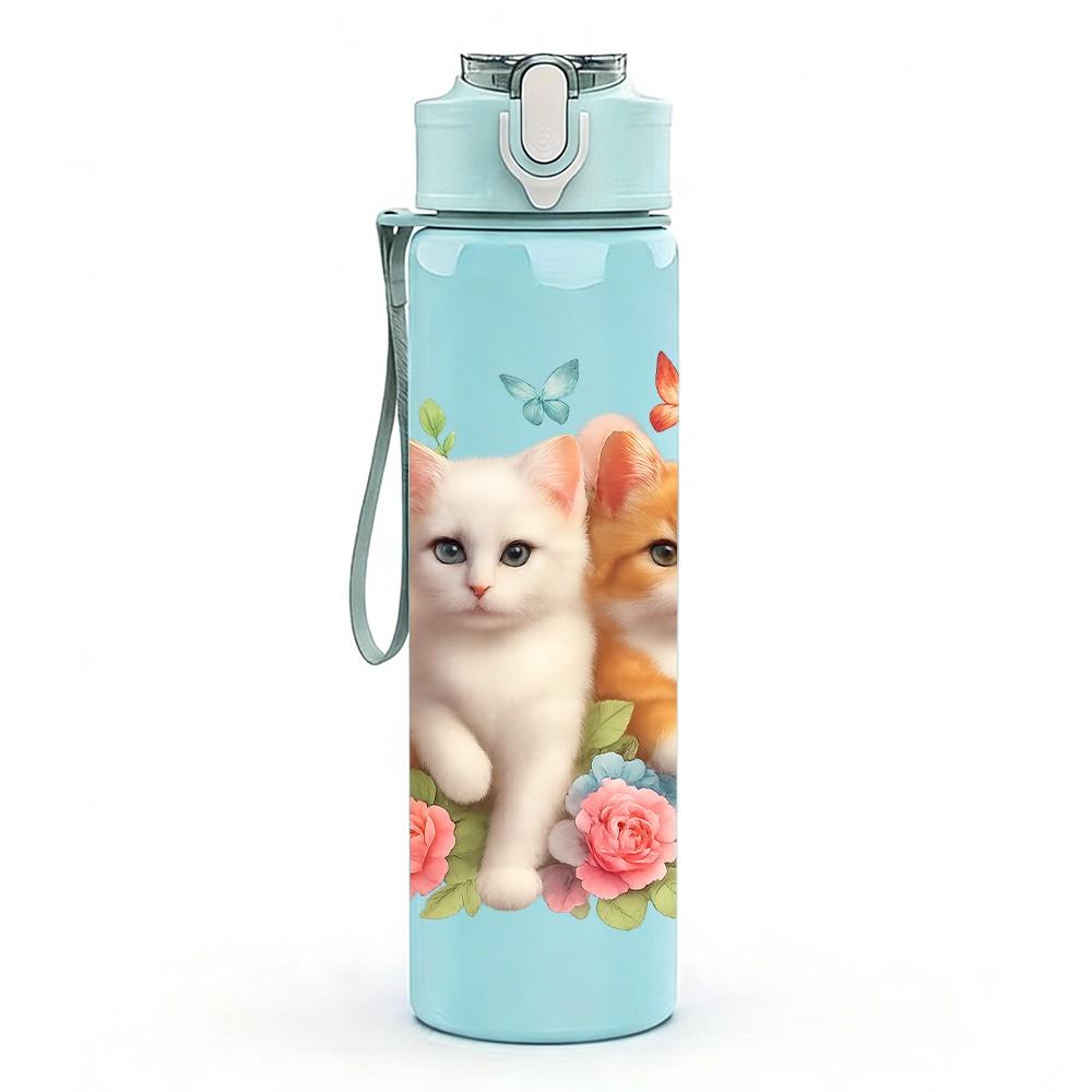 1PC Three Cats Floral Portrait 750ml Color Plastic Sports Water Bottle Leakproof Flip Straw Lid Suitable for Sports Office Home Use