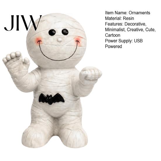 Halloween Mummy Ornament Resin Atmosphere Light, Smiling Statue with Craft Figurine Bat Decor, Cartoon Light for Desktop