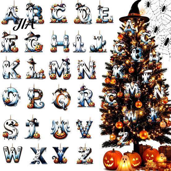 Tree Hanging Gift Tag Accessories Halloween Letter Ornament, Spooky Wooden Alphabet Letters Pendant with Ghost Reusable Seasonal Decor Pumpkin