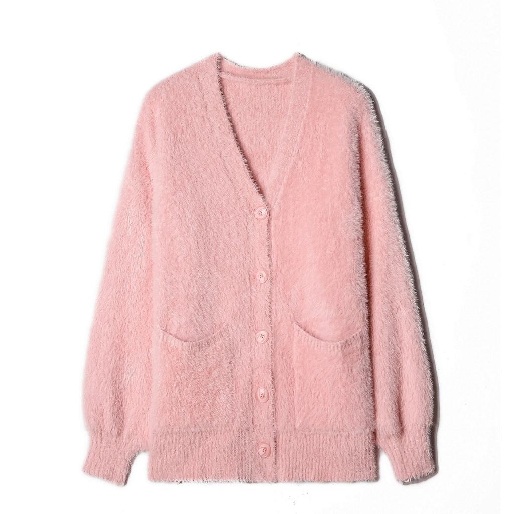 Faux Mink V-neck Lazy Wind Knitted Cardigan Lantern Sleeve Sweater Women's Fall and Winter Pocket Paragraph Jacket