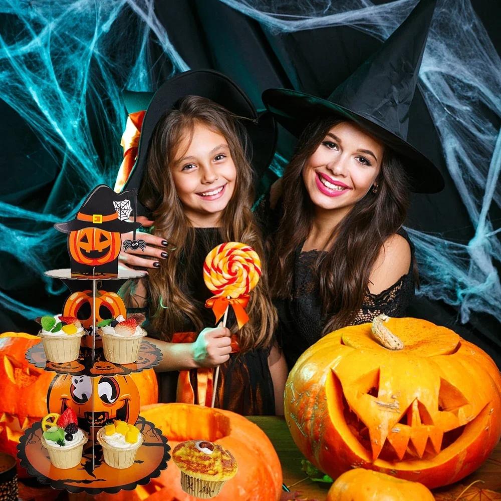 1 шт. Хэллоуинская башня для десертов, жуткое лицо, тыква-паук, 3-уровневая подставка для кексов, колпак ведьмы, бумажная подставка, жуткий праздник