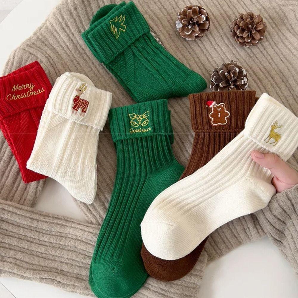 Cartoon Christmas Socks Embroidery Knitted Socks Cute Mid Tube Socks