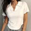 Летний топ с короткими рукавами и лацканами, женские однотонные пуловеры с v-образным вырезом, милые рубашки в стиле ретро, ​​укороченный топ для девочек, женская тонкая универсальная футболка