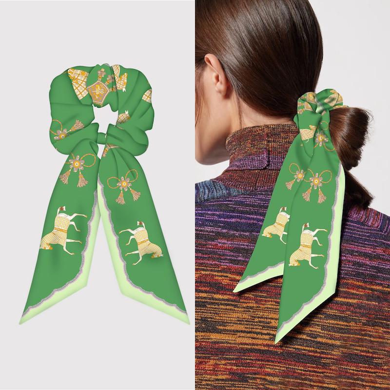 Шелковый платок для волос для девочки, эластичные резинки для волос, завязки, аксессуары, роскошный дизайн, принт с лошадьми, прическа «хвост», повязки для волос, лента