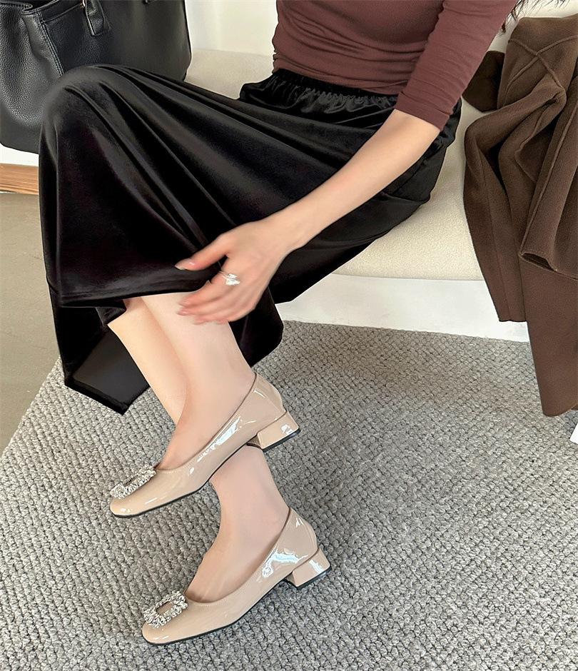 Temperament Rhinestone Square Buckle Single Shoes Fairy Shoes 2025 Korean Version Inner Height Increase One Pedal Commuter Shoes