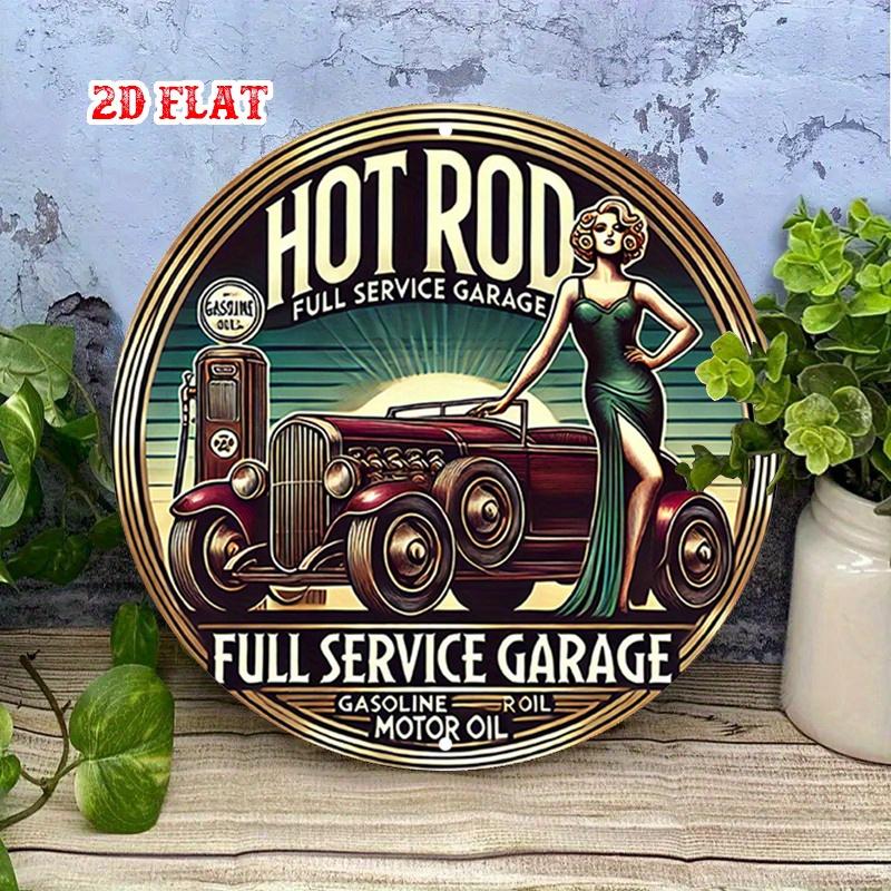 D Flat pc Hot Rod Round Aluminum Sign Retro Style Metal Tin Sign Vintage Car Rustic Metal Wall Art Full Service Garage
