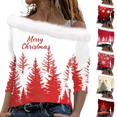Женские топы с длинным рукавом, модные женские свободные пуловеры с рождественским принтом и открытыми плечами