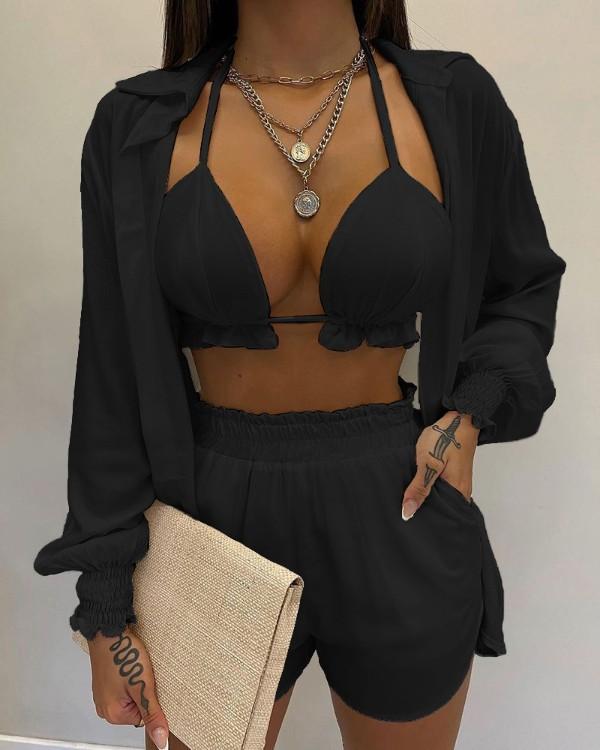 2025 Сексуальный купальник Летняя мода Однотонный с принтом Костюм-тройка Женский