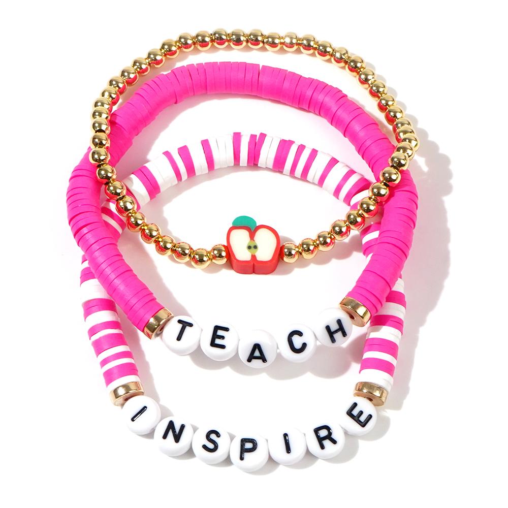 Go2boho Beaded Bracelet Set with Teach Inspire Letter Beads, Apple Charm, 18K Gold Plated Brass, Cute Gift Jewelry