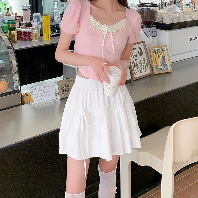White Straps and Puffy Skirt for Women In Summertime Thin New Arrival Style Ballet Style Pleated Small Person Looking Slim A-line Short Skirt